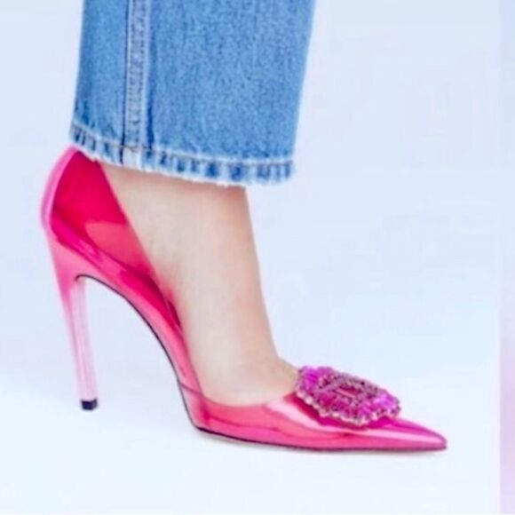 Good American Hot Pink Bejeweled Lucite Heels - Picture 1 of 7